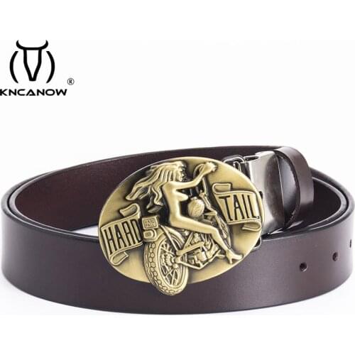 Belts For Women Punk Antique Brass Motorcycle Buckle Vintage Luxury Ladys Genuine Leather Dress Waistband Female Jeans Strap