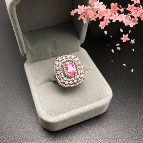 Court retro color gold rectangular pink diamond ring pink crystal micro-inlaid luxury female banquet accessories rings for women