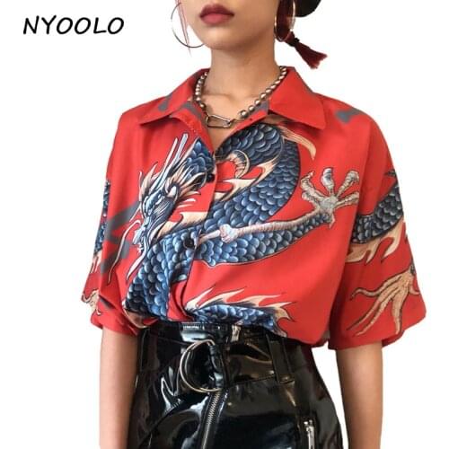 NYOOLO 2018 summer vintage design dragon print turn-down collar short sleeve shirt men and women Japan Style Casual Blouse