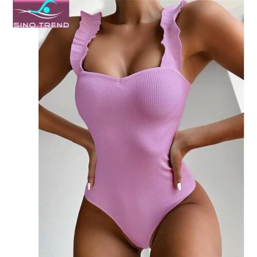 6 Colors Frill Trim Ruffled Sexy One Piece Swimsuit Women Solid Rib Swimwear Female Bather Bathing Suit Swim Wear Monokini