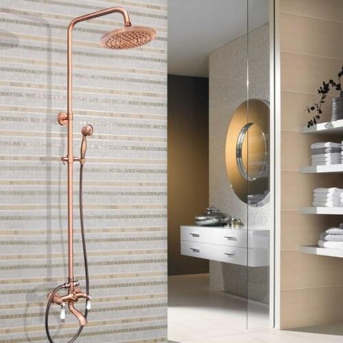 Antique Red Copper Brass Bathroom Shower Faucet Set Bathtub Shower Faucet Bath Shower Tap Rainfall Shower Head arg573