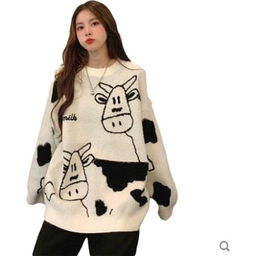 Vintage Casual Loose Lazy Cow Sweater Female Korean Harajuku Womens Sweaters Japanese Kawaii Cute Ulzzang Ins Clothing For Women