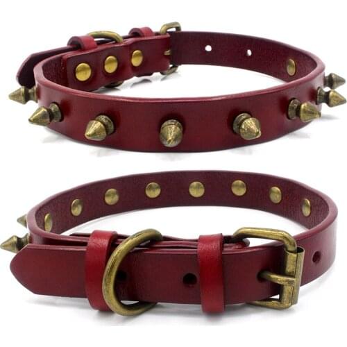 Pet Products Dog Supplies Collars Solid Leather Bronze Alloy Rivet Anti bite Lined Collar 5pc/lot