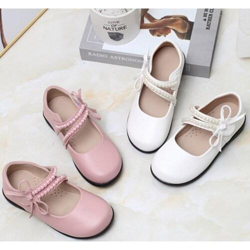 Children Leather Shoes Baby Girl Cute Pearl Bow Flat Shoes Fashion Girl Wedding Flower Girl Princess Shoes Toddler Mary Janes