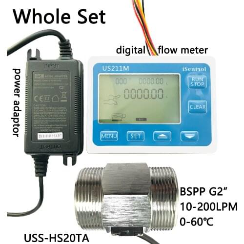 US211M Digital Flow Meter & USS-HS20TA Stainless Steel 304 Inox Hall Flow Sensor Measurement 10-200L/minBSPP G2" Dijiang Saier