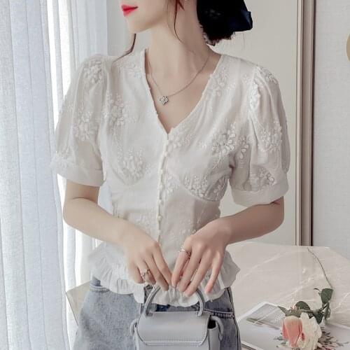2021 Summer Korean Chiffon Blouse Women New Solid Tops High Waist V Collar Thin Bubble Sleeve Retro Lace Shirt for Girl 14068