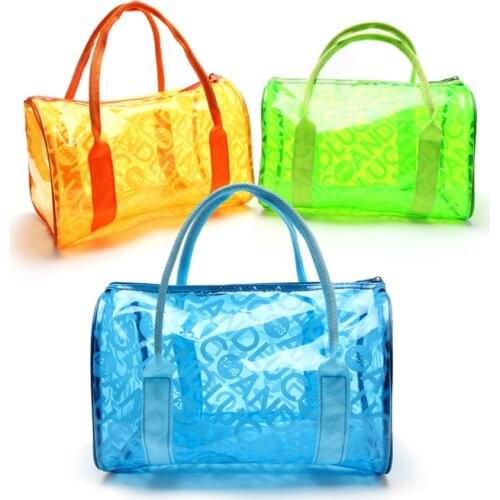Women Summer Candy Color Clear Beach Tote Bags Large Stripe PVC Swim Handbag Jelly Bag