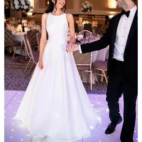 Elegant A-Line LongSatin Wedding Dresses with Pockets Zipper Back White Floor Length Bridal Gowns for Women