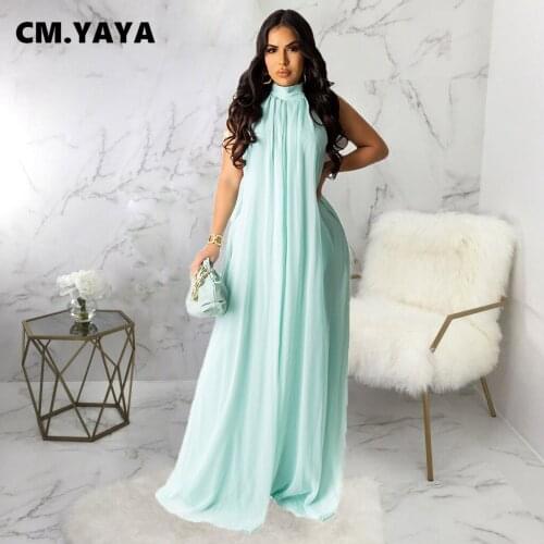 CM.YAYA Women Long Dress Chiffon Solid Sleeveless Halter Backless Zipper Loose Maxi Dresses Sexy Fashion Vestidos Summer Outfits