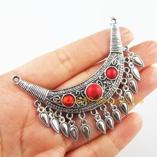 2 New Moon Charms Tibetan Silver Red Waterdrop Tassels Pendants Retro 57x68mm