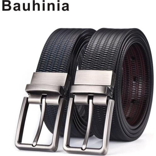 Bauhinia brand new business alloy rotating pin buckle 110-125CM mens leather belt rice grain embossed blue belt