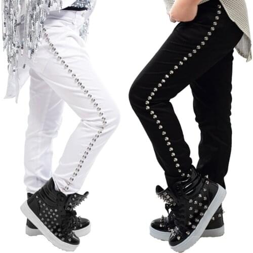 New Boys Hip Hop Costumes Jazz Drum Performance Studded Pants Rivet Cloth Black/White Trousers Kids Modern Stage Cothes DNV14084