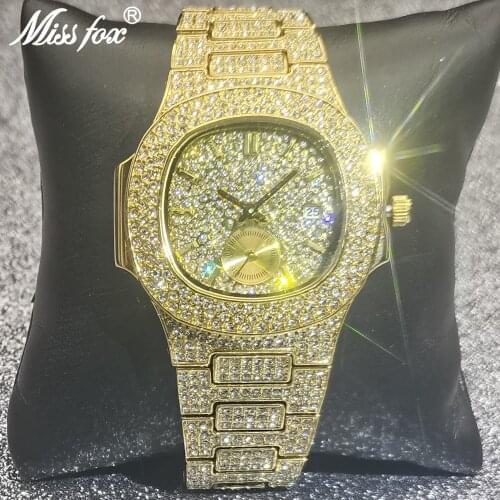 Classic Hip Hop MISSFOX Men Watches Iced Out Hot Sale Top Luxury Brand Full Diamond Bling Quartz Wristwatches AAA Montre Homme