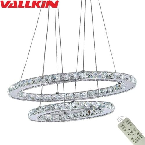 Dimmable LED Crystal Oval Pendant Lights Fixtures Crystalline Light 2 Ring Indoor Home Cristal Hanging Lighting Modern Suspension Lamp Lustre Hotel Dining room Lamps with Remote