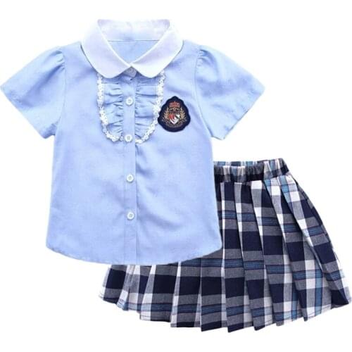 Girls Clothes Sets Summer Short Sleeve Bow Shirt + Plaid Skirt Set Childrens School Uniform Style Top Costumes Baby Kids Suits