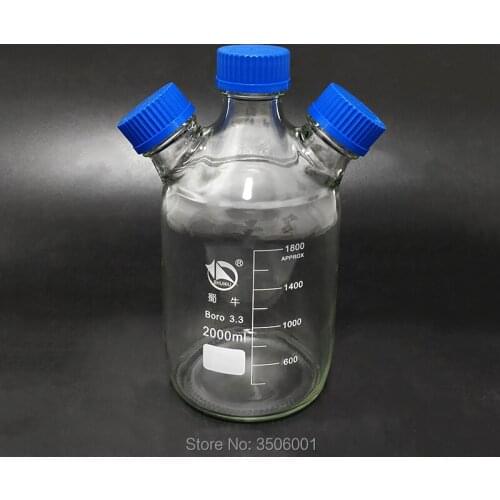 Reagent bottle,With 3 blue screw covers,Borosilicate glass 3.3,Capacity 2000ml,Graduation Sample Vials Plastic Lid with 3 necks