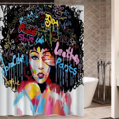Art Design Graffiti Art Hip Hop African Girl with Black Hair Big Earring with Modern Building Shower Curtain for Bathroom Decor