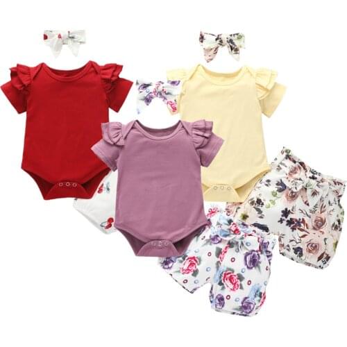 3Pcs Infant Toddler Baby Girl Clothes Ruffle Romper Bodysuit Floral Halen Pants Headband Baby Outfits Clothing
