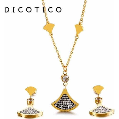 Sector Pendant Long Necklaces Earrings Sets Gold Silver Color Stainless Steel Zircon Jewelry Sets Wedding Choker For Women Gift