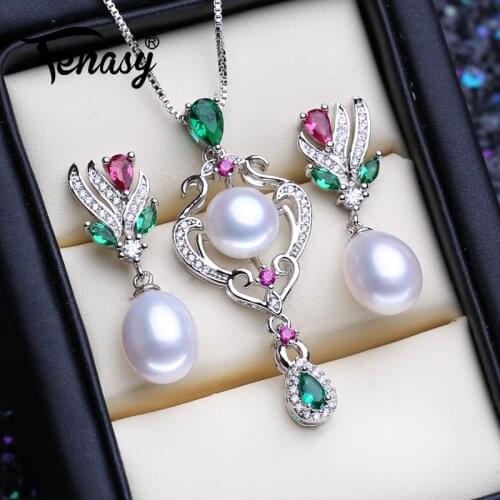 FENASY 925 Sterling Silver Natural Freshwater Pearl Jewelry Sets for Women Pearl Necklace Ruby Earring Idea Gift