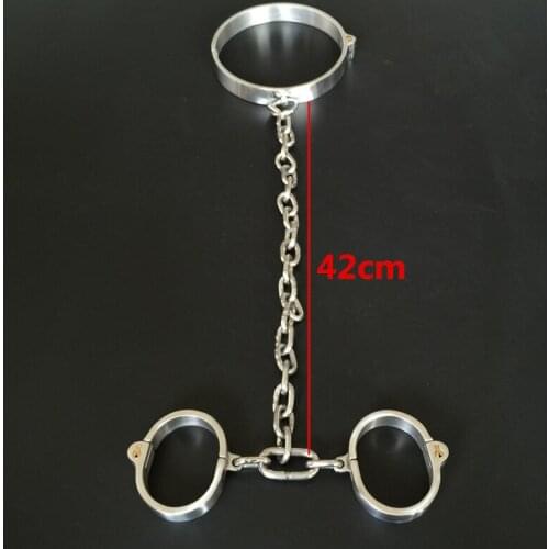 2020 New Stainless Steel Lockable Neck Collar Handcuffs With Chain Hand Cuffs Choking Ring Restraints Fetish SM Sex Toy for Wome