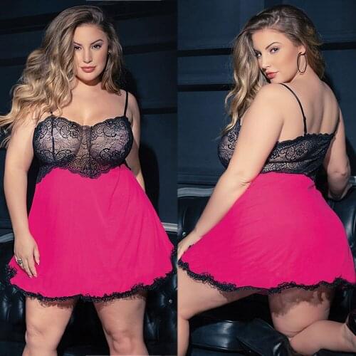 2021 Summer Newest Lace Mesh Sheer Rose Red Nightwear Plus Size Lingerie Women Sleepwear Nightgown Female Sexy Dresses 3XL-5XL