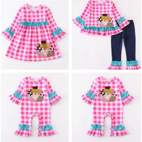 Girlymax Fall Baby Girls Cotton Plaid Gingham Embroider Pumpkin Floral Ruffles Pants Set Dress Romper Kids Clothing Family Look