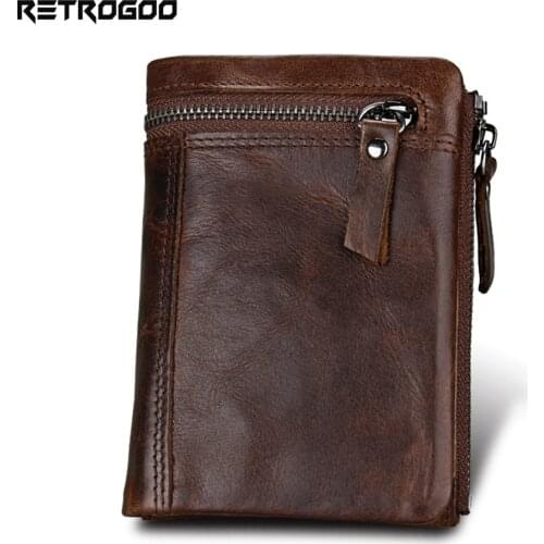 RETROGOO Genuine Leather Retro Men Wallet Card Holder Zipper Coin Pocket Male Purse Short Wallets RFID Blocking Safe Money Bag