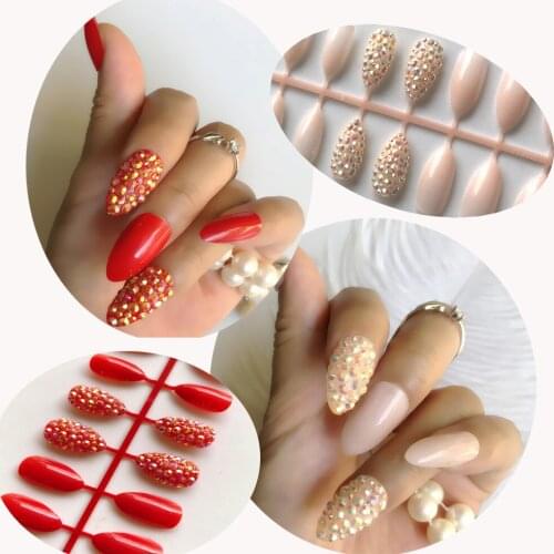 Luxury Custom Fake Nails Design Super Long Red Flase Nails Natural Stiletto AB Gemstone Decoration Skill Light Color 24Pcs