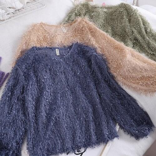 2020 Spring Autumn Women Long Sleeve Sweater Casual Loose Tassel Knitwear Female Hollow Out Knitted Pullovers Short Tops AB1916
