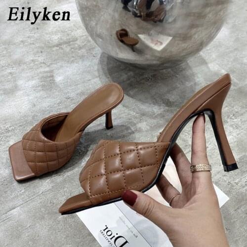 Eilyken Women Mules Summer Slippers Fashion High Quality Sandals sandals Ladies Design Square Toe Stiletto Heels Wedding Shoes