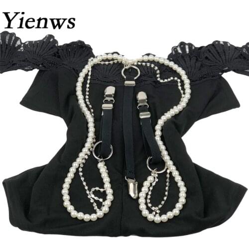Yienws Female Pants Suspenders 3 Clip Button Trousers Braces for Women Fashion Pearl Beading Diamond Suspenders YiA069