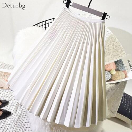 Women Elegant Pleated Skirt Elastic High Waist White Midi Skirt Ladies High Quality Skirts Black Saias 2020 Autumn Winter SK398