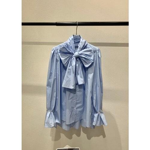 Ladies 2021 fashion new long sleeve sexy casual solid color bow collar shirt 0926