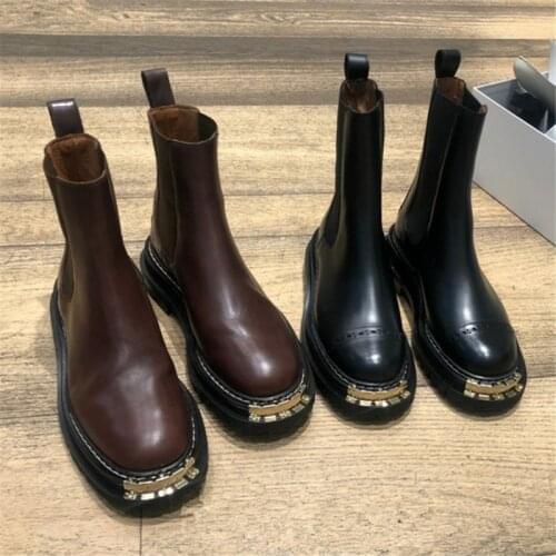 Notched Sole Women Ankle Booties Elastic Leather Metal Gold Tone Metallic Combat Motorcycle Boots Brand Platform Botas Mujer