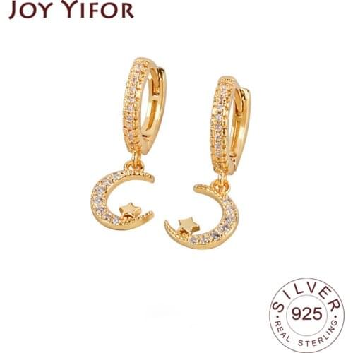 925 Sterling Silver Earrings For Women Trendy Jewelry Vintage Simple Retro Party Accessories Gifts Zircon CZ Moon Gold Earring