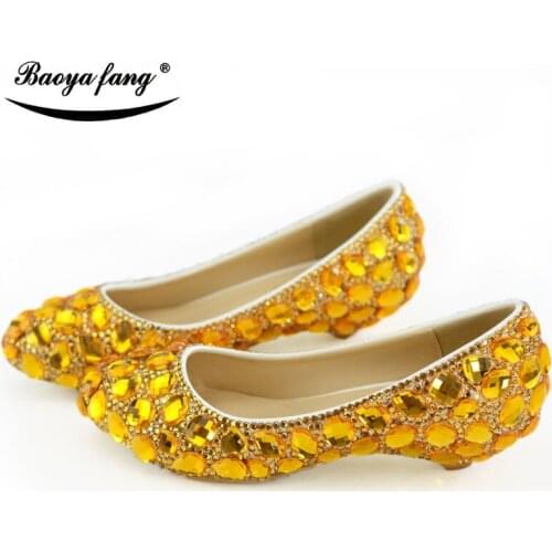 BaoYaFang Gold crystal womens wedding shoes Bride wedges ladies big size 44 round toe Party dress shoes woman shoes