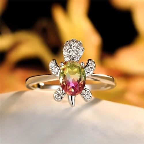 Pink Yellow Oval Zircon Cute Turtle Ring Rainbow CZ Stone Silver Color Engagement Rings For Women Wedding Jewelry Birthday Gifts