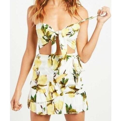 Two Piece Dress with Sexy Suspender Print Knot Chest Chiffon Backless Spaghetti Strap Mini Dresses for Women Spaghetti Strap