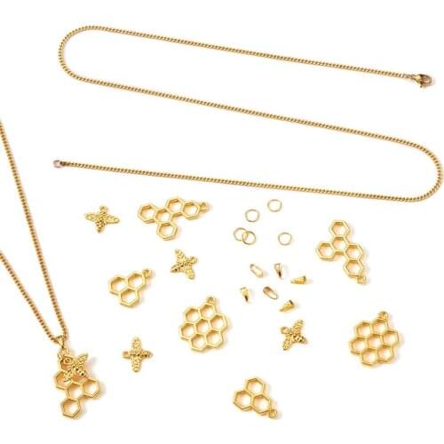 1Set Golden Alloy Pendants Bee Honeycomb Charms Stainless Steel Curb Chains for Women DIY Necklace Earrings Jewelry Making