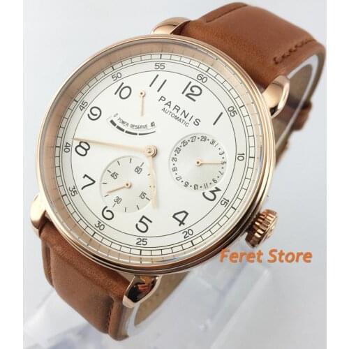 42mm PARNIS Rose Gold case Sapphire glass white dial coffee leather strap Classic date New style automatic mens Business wrist