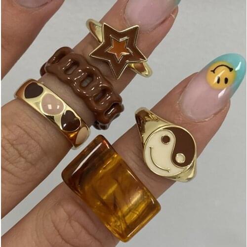 New INS Star Black White Smile Yin Yang Rings for Women Y2k Jewelry Vintage 90s Aesthetic Charms Goth Fashion Ring Friends Gifts