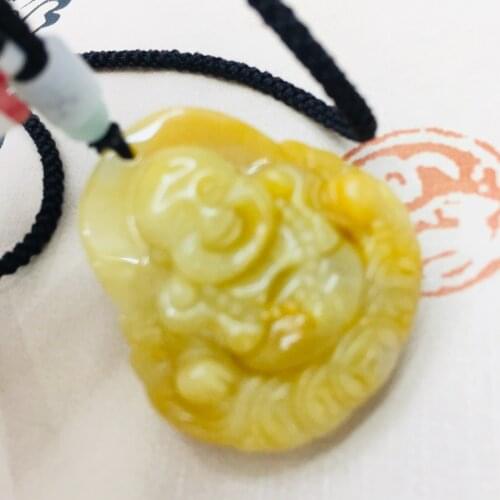 Pure natural topaz hand-carved money laughing Buddha pendant with hand-knitted simple necklace men and women sweater chain