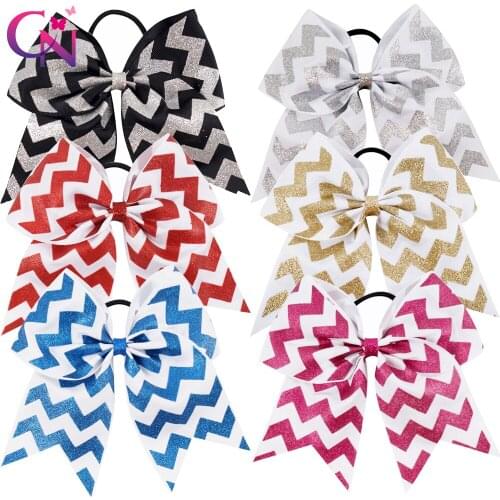 CN 10pcs/lot 7" Glitter Printed Ribbon Chevron Cheer Bow With Elastic For Kids Girls Teens Striped Hairband Hair Accessories