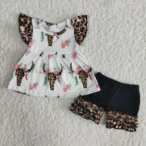 Summer girl clothes kids outfits heifer design western style clothing black short pants boutique children clothing wholesale RTS