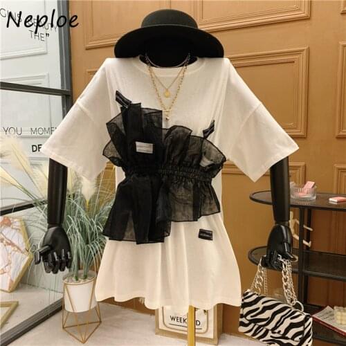 Neploe Fashion Saymmetrical Mesh Patchwork Fake 2 Pcs T Shirt Women O Neck Pullover Short Sleeve Tees Summer Cotton Ladies Top