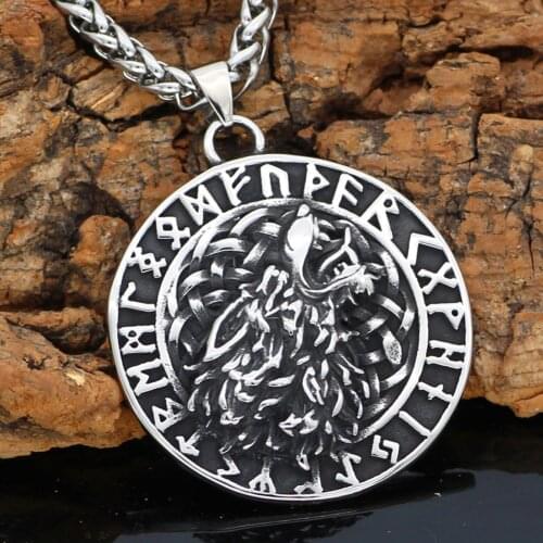 Men Viking Stainless steel Geri and Freki Wolf Rune Helm Of Awe Wolf Necklace with Valknut gift bag