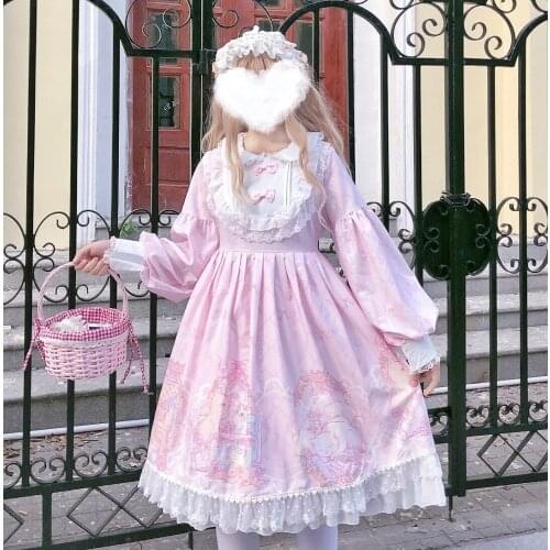 Japanese Style Girls Long Sleeve Sweet Lolita Dress Women Bowknot JSK Cute Doll Collar Tea Party Cosplay Lace Dress Maid Costume