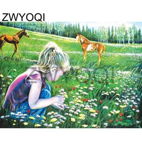 Full Square Diamond embroidery Cross stitch girl horse grassland Full Round Diamond mosaic girl horse 5D DIY Diamond painting