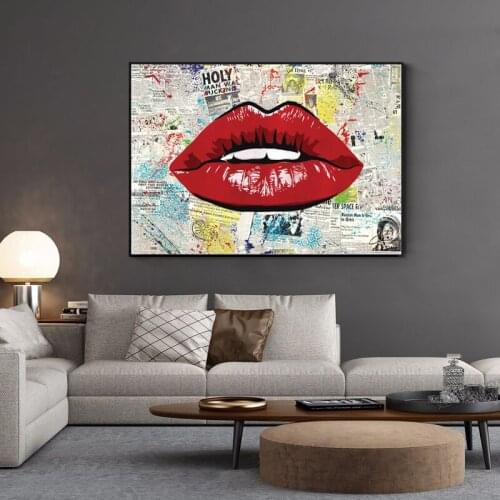 Sexy Red Lips Woman Posters and Prints Old Newspaper on Canvas Painting Wall Art Lips Picture for Girls Bedroom Home Decor